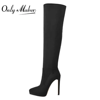Onlymaker/ Зимние Женские Ботфорты выше колена на платформе с острым носком и высоком тонком каблуке, черные ботинки из флока на молнии Большого Размера