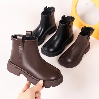 Новые осенне-зимние детские нескользящие ботинки Martin, водонепроницаемые детские кожаные ботильоны на молнии на резиновой подошве, модная обувь для девочек