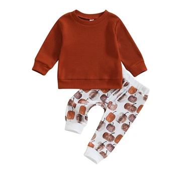 Одежда для новорожденных девочек и мальчиков на Хэллоуин, толстовка с длинными рукавами и вафлями, длинные штаны с тыквой, осенняя одежда из 2 предметов от 0 до 3 лет