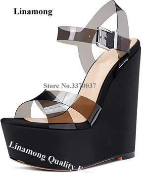 ПВХ сандалии Клин Linamong новейший супер высокой платформе Clear черный ПВХ лоскутное танкетке Сексуальная партия платье обувь большой размер